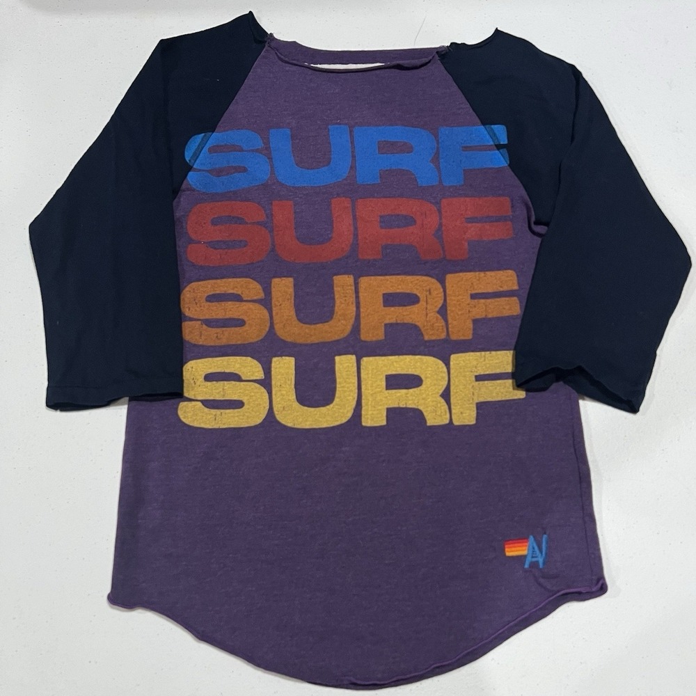 Aviator Nation Shirt Women Purple Surf Surf Surf T Shirt Cut Neck 3/4 Sleeve